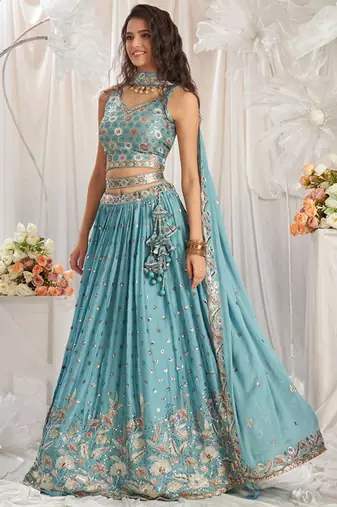 Embroidered Sequinned Semi Stitched Lehenga & Unstitched Blouse With Dupatta Free Size Upto 42