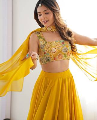 Ethnic Motifs Embroidered Ready To Wear Lehenga & Blouse With Dupatta Free Size Upto 42 2