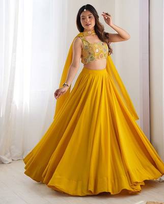 Ethnic Motifs Embroidered Ready To Wear Lehenga & Blouse With Dupatta Free Size Upto 42 3