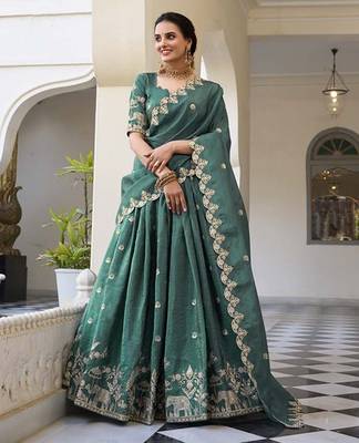 Floral Embroidered Ready To Wear Lehenga & Unstitched Blouse With Dupatta Free Size Upto 42 1