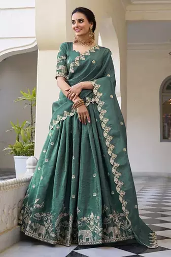 Floral Embroidered Ready To Wear Lehenga & Unstitched Blouse With Dupatta Free Size Upto 42