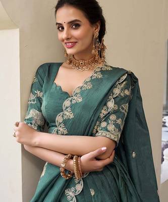 Floral Embroidered Ready To Wear Lehenga & Unstitched Blouse With Dupatta Free Size Upto 42 2