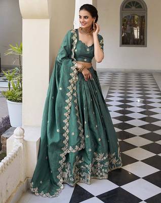 Floral Embroidered Ready To Wear Lehenga & Unstitched Blouse With Dupatta Free Size Upto 42 3