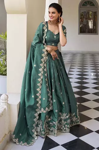 Floral Embroidered Ready To Wear Lehenga & Unstitched Blouse With Dupatta Free Size Upto 42