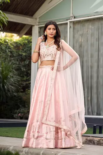 Embroidered Thread Work Ready To Wear Lehenga & Blouse With Dupatta Free Size Upto 42