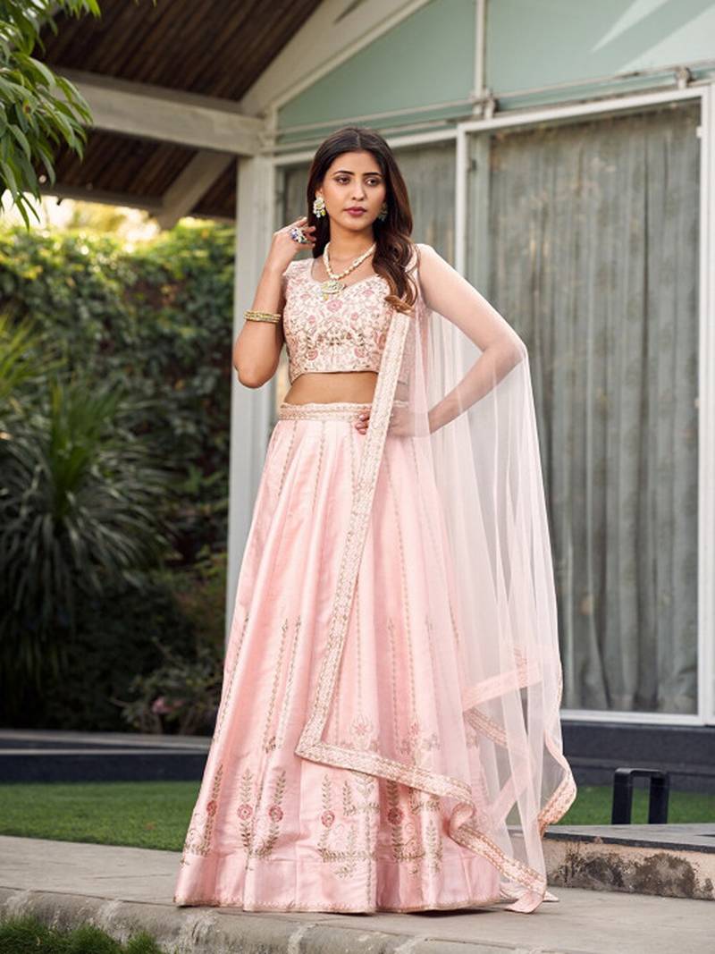 Embroidered Thread Work Ready To Wear Lehenga & Blouse With Dupatta Free Size Upto 42