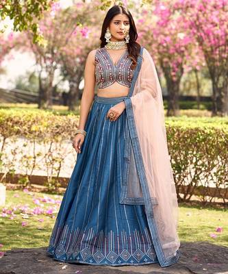 Embroidered Thread Work Ready To Wear Lehenga & Blouse With Dupatta Free Size Upto 42 1