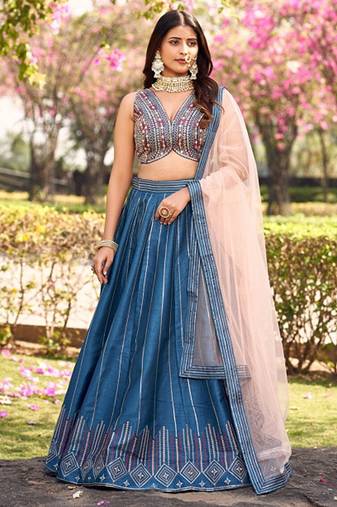 Embroidered Thread Work Ready To Wear Lehenga & Blouse With Dupatta Free Size Upto 42