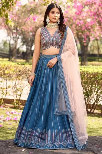 Embroidered Thread Work Ready To Wear Lehenga & Blouse With Dupatta Free Size Upto 42