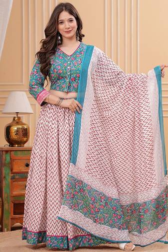 Printed Block Print Ready To Wear Lehenga & Blouse With Dupatta Free Size Upto 42