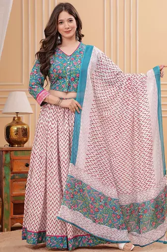 Printed Block Print Ready To Wear Lehenga & Blouse With Dupatta Free Size Upto 42