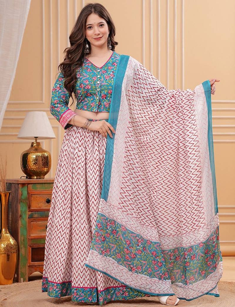Printed Block Print Ready To Wear Lehenga & Blouse With Dupatta Free Size Upto 42