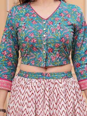 Printed Block Print Ready To Wear Lehenga & Blouse With Dupatta Free Size Upto 42 2