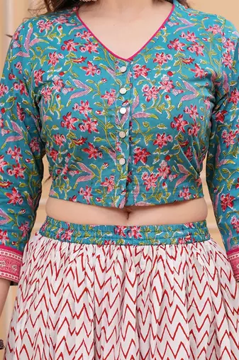 Printed Block Print Ready To Wear Lehenga & Blouse With Dupatta Free Size Upto 42
