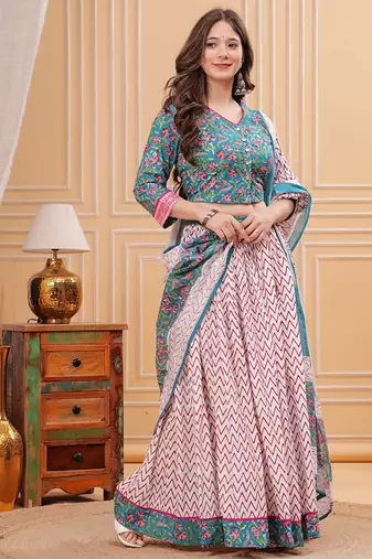 Printed Block Print Ready To Wear Lehenga & Blouse With Dupatta Free Size Upto 42