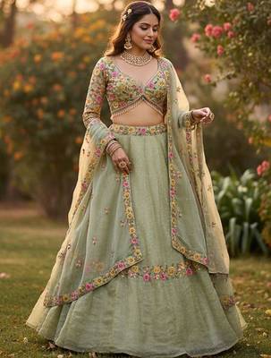Embroidered Thread Work Semi-Stitched Lehenga & Blouse With Dupatta Free Size Upto 42 1