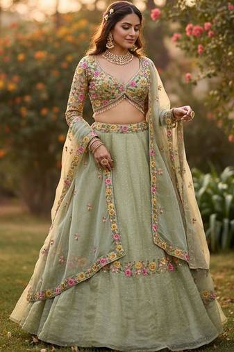 Embroidered Thread Work Semi-Stitched Lehenga & Blouse With Dupatta Free Size Upto 42