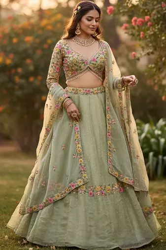 Embroidered Thread Work Semi-Stitched Lehenga & Blouse With Dupatta Free Size Upto 42
