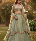 Embroidered Thread Work Semi-Stitched Lehenga & Blouse With Dupatta Free Size Upto 42