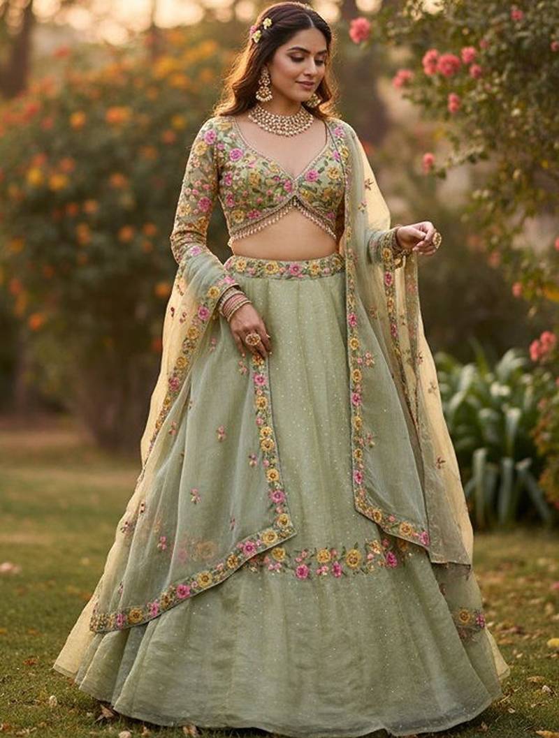 Embroidered Thread Work Semi-Stitched Lehenga & Blouse With Dupatta Free Size Upto 42