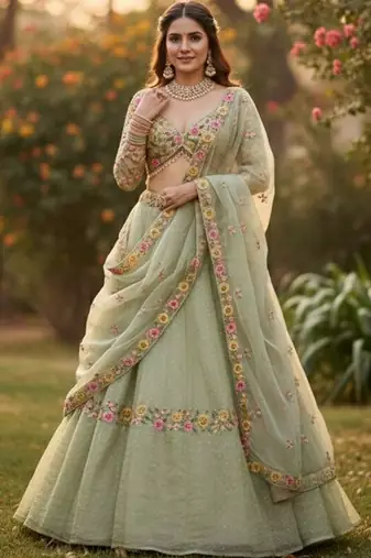 Embroidered Thread Work Semi-Stitched Lehenga & Blouse With Dupatta Free Size Upto 42