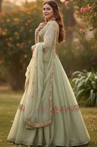 Embroidered Thread Work Semi-Stitched Lehenga & Blouse With Dupatta Free Size Upto 42
