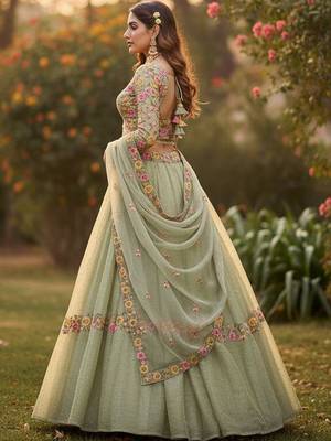 Embroidered Thread Work Semi-Stitched Lehenga & Blouse With Dupatta Free Size Upto 42 4