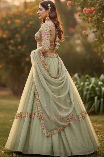 Embroidered Thread Work Semi-Stitched Lehenga & Blouse With Dupatta Free Size Upto 42