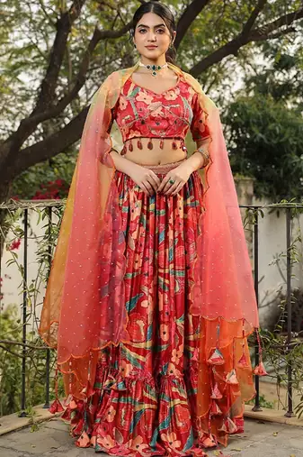 Floral Printed Satin Ready To Wear Lehenga & Blouse With Dupatta Free Size Upto 42