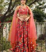 Floral Printed Satin Ready To Wear Lehenga & Blouse With Dupatta Free Size Upto 42