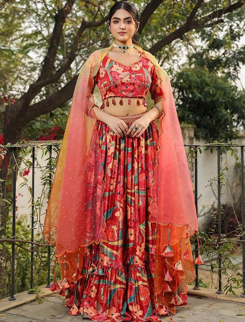 Floral Printed Satin Ready To Wear Lehenga & Blouse With Dupatta Free Size Upto 42