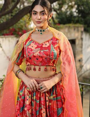 Floral Printed Satin Ready To Wear Lehenga & Blouse With Dupatta Free Size Upto 42 2
