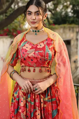 Floral Printed Satin Ready To Wear Lehenga & Blouse With Dupatta Free Size Upto 42