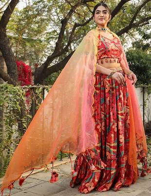 Floral Printed Satin Ready To Wear Lehenga & Blouse With Dupatta Free Size Upto 42 3
