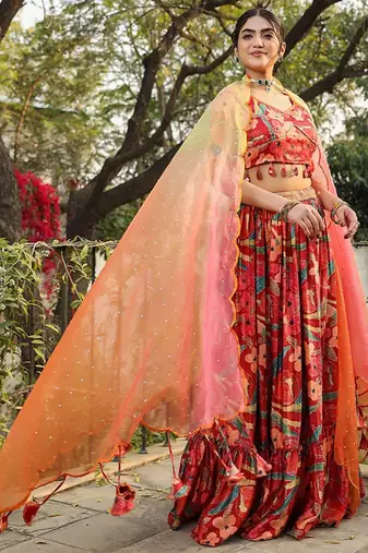 Floral Printed Satin Ready To Wear Lehenga & Blouse With Dupatta Free Size Upto 42
