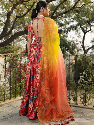 Floral Printed Satin Ready To Wear Lehenga & Blouse With Dupatta Free Size Upto 42 4