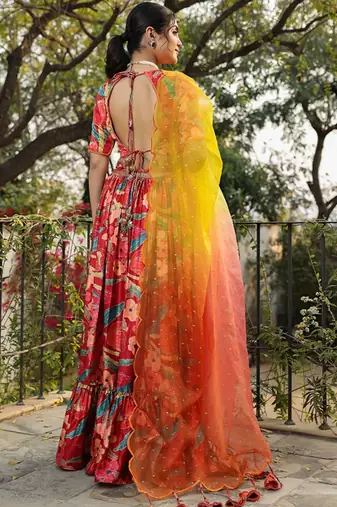 Floral Printed Satin Ready To Wear Lehenga & Blouse With Dupatta Free Size Upto 42