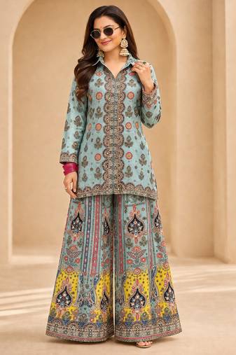 Pure chinon silk digital print co-ord set with mirror & stone work – ready to wear designer coord set