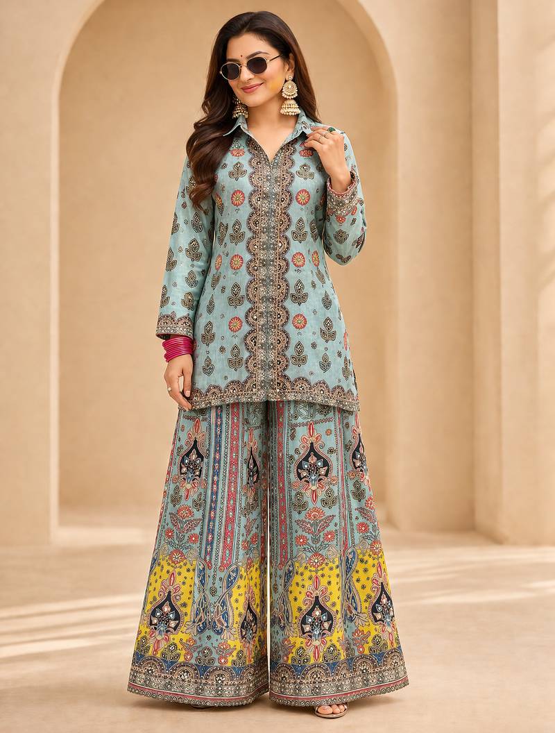 Pure chinon silk digital print co-ord set with mirror & stone work – ready to wear designer coord set