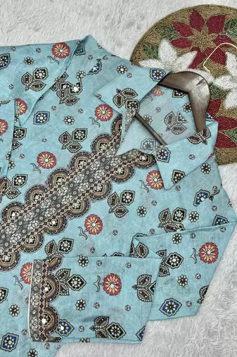 Pure chinon silk digital print co-ord set with mirror & stone work – ready to wear designer coord set