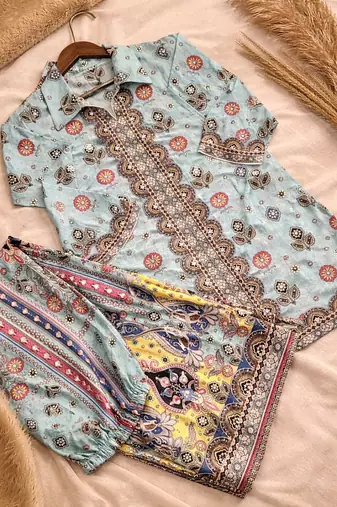 Pure chinon silk digital print co-ord set with mirror & stone work – ready to wear designer coord set