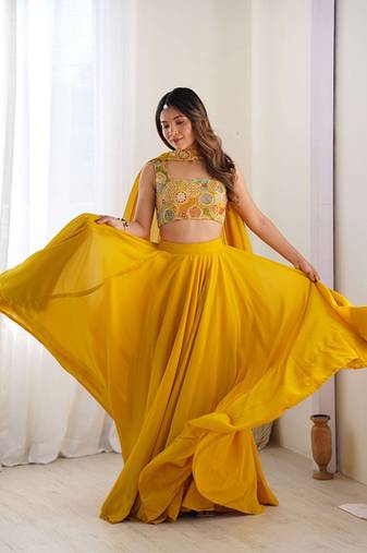 Embroidered Thread Work Ready To Wear Lehenga & Blouse With Dupatta Free Size Upto 42