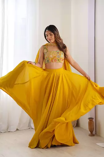 Embroidered Thread Work Ready To Wear Lehenga & Blouse With Dupatta Free Size Upto 42