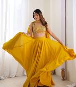 Embroidered Thread Work Ready To Wear Lehenga & Blouse With Dupatta Free Size Upto 42