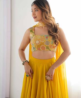 Embroidered Thread Work Ready To Wear Lehenga & Blouse With Dupatta Free Size Upto 42 2