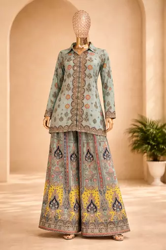 Pure chinon silk digital print co-ord set with mirror & stone work – ready to wear designer coord set