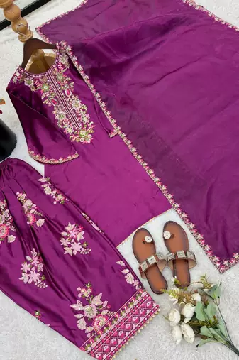 French crepe farshi salwar kameez with embroidery & silk dupatta – ready to wear