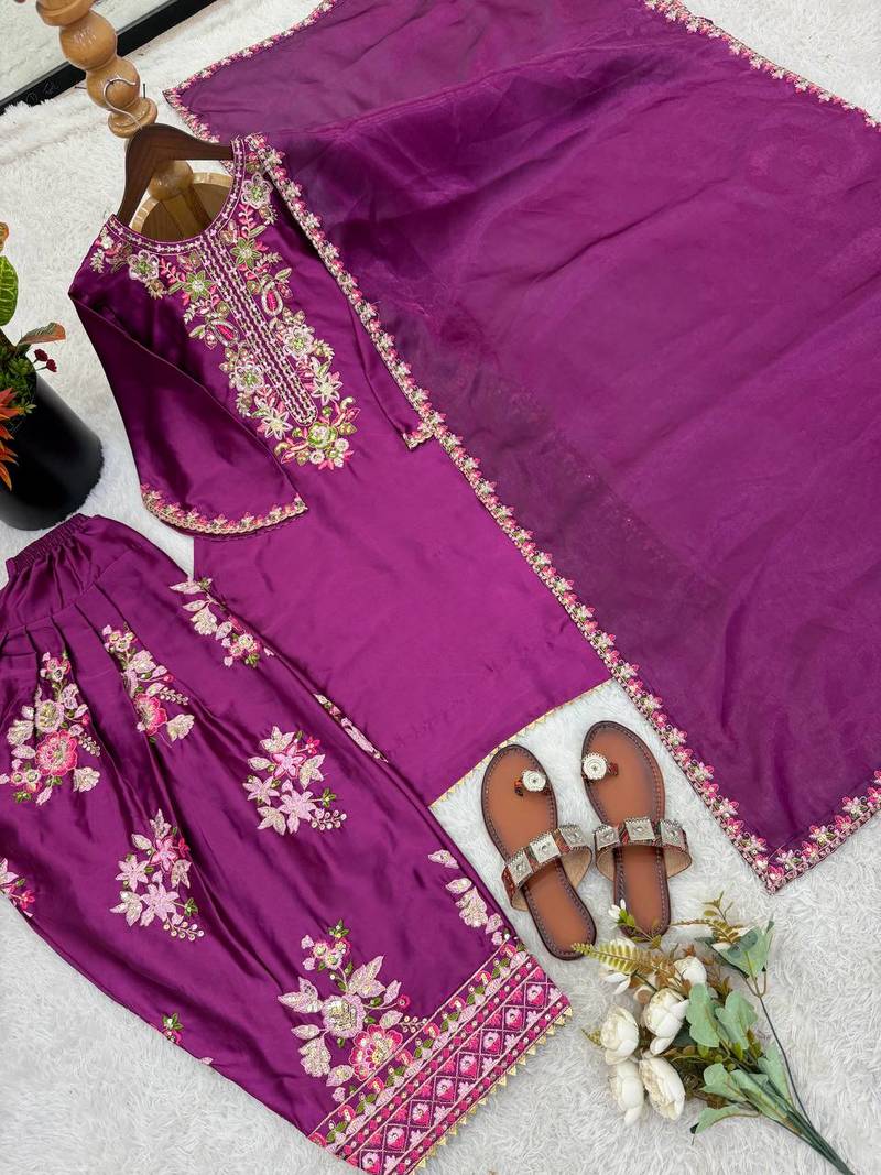 French crepe farshi salwar kameez with embroidery & silk dupatta – ready to wear