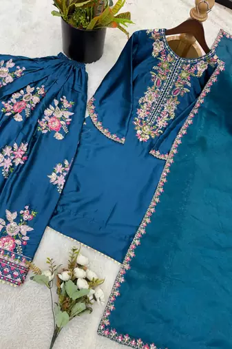 French crepe farshi salwar kameez with embroidery & silk dupatta – ready to wear