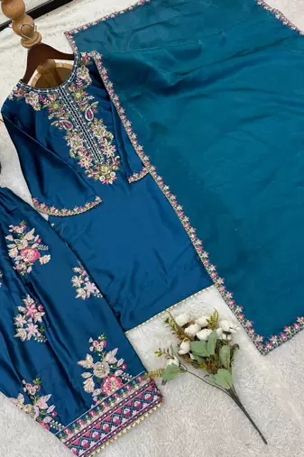 French crepe farshi salwar kameez with embroidery & silk dupatta ready to wear